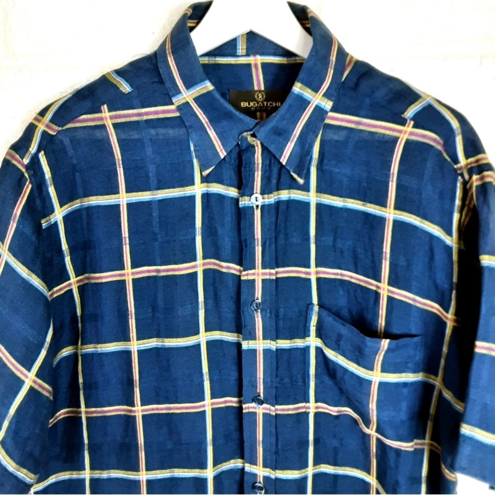 Bugatchi Large LINEN Short Sleeve Pocket Button Down Shirt Light Cool